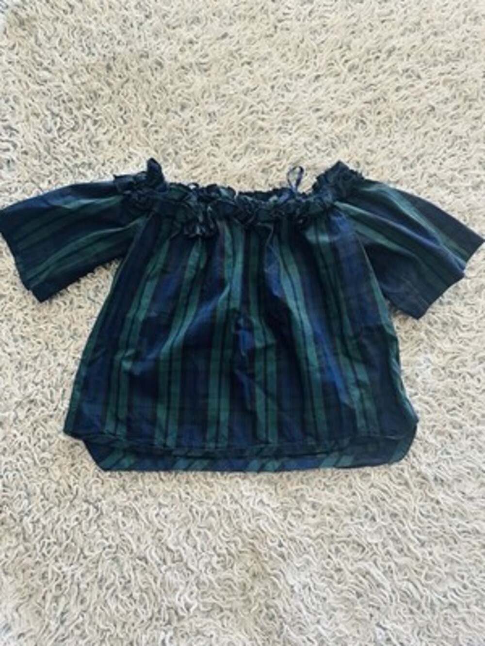 Vineyard Vines Women’s Size S Blue Green Tartan Plaid Off Shoulder Top Ruffle